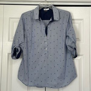 EUC Dalia L Pullover Blouse Women’s Blue Stripes W/ Anchor Rolled Cuff Sleeves